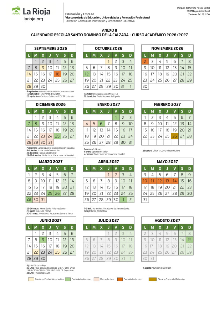 Calendario escolar 26/27 EHYT Camino de Santiago